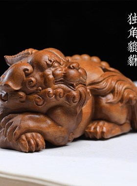天然檀香木独角貔貅摆件招财转运手把件创意文玩桌面装饰品木雕刻