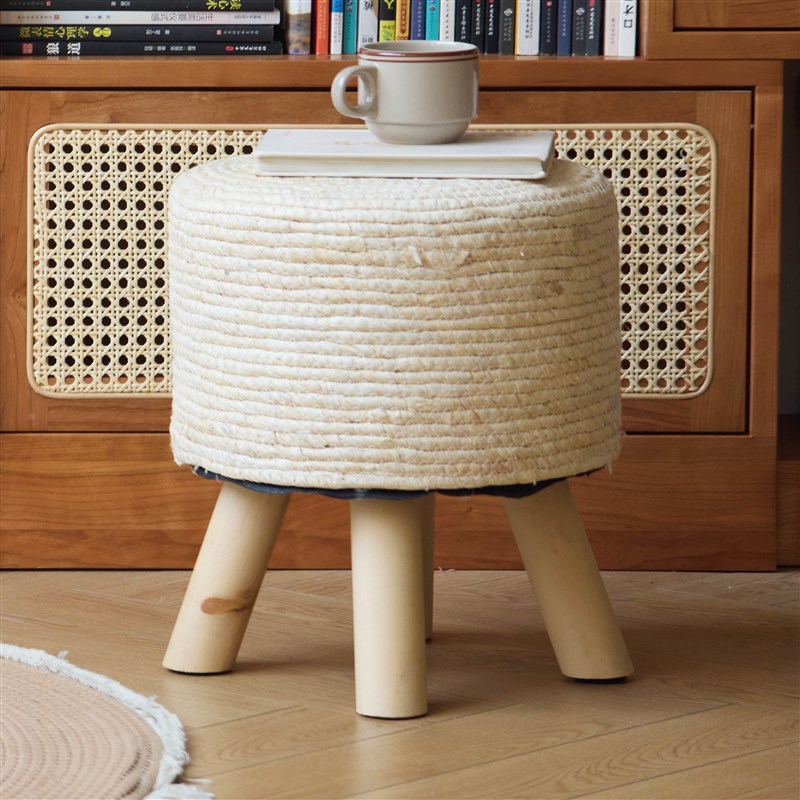 家用藤编圆凳实木客厅矮脚小板凳田园藤编凳沙发凳儿童创意小凳子