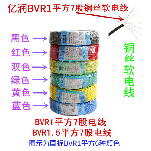 亿润国标BVR0.75/1/1.5平方7股铜丝软芯铜线软电线电柜线铜塑铜芯
