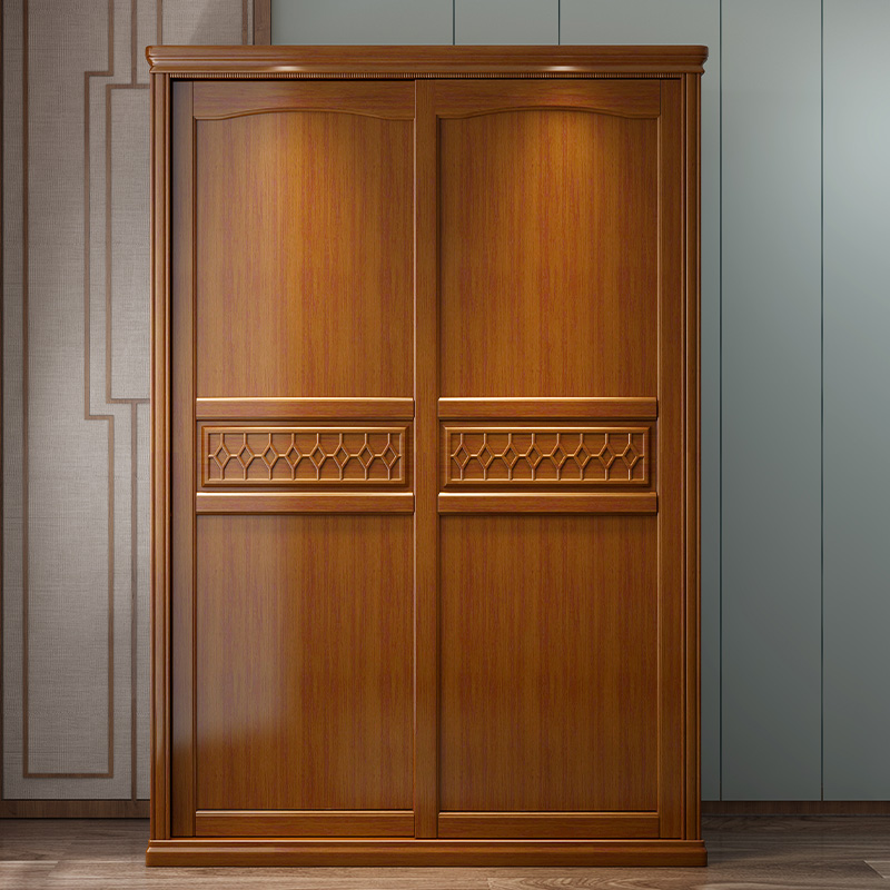 实木衣柜现代中式推拉门家用卧室衣橱二三四门带镜子简约衣柜