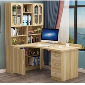 简约实木转角书桌书架组合台式 电脑桌家用卧室学生学习桌书柜一体