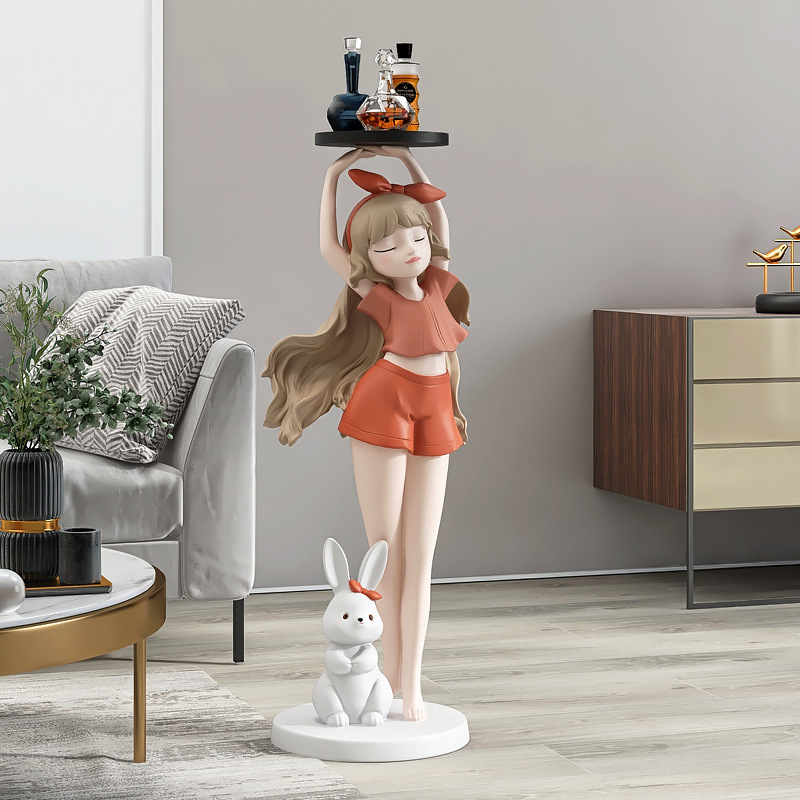 创意女孩托盘客厅沙发电视柜旁大型落地摆件家居好物乔迁新居礼品