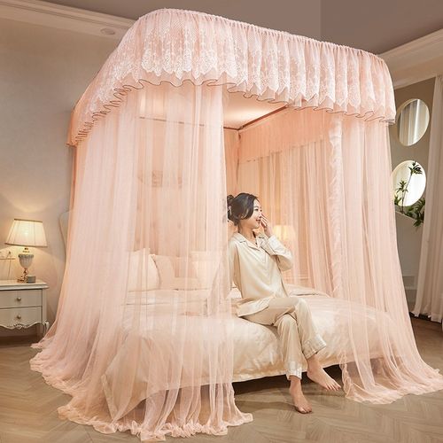 2024新款轨道U型导轨蚊帐加密加厚落地三开门家用卧室高级公主风
