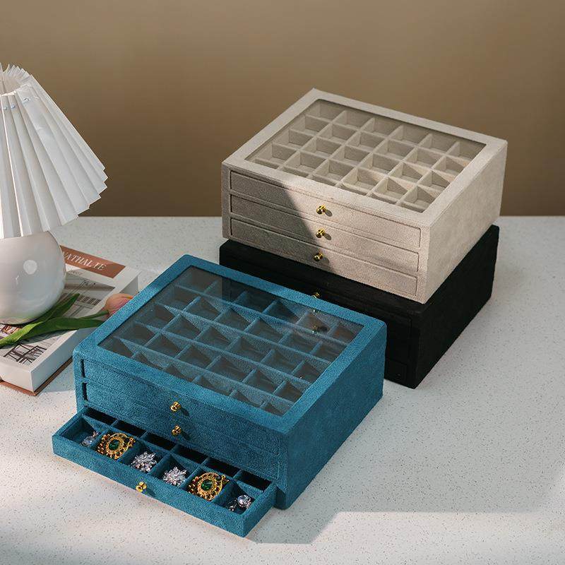 绒布多层珠宝箱美甲饰品展示盒带玻璃盖子珠宝小收纳盒钻盒首饰盒