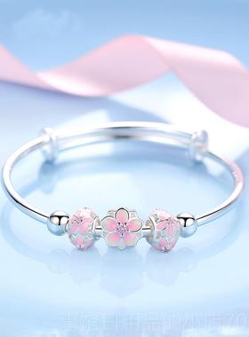 高档990纯手镯推年轻气银质日简约时尚拉女款圆珠樱花银镯子送韩