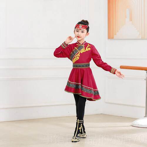 高档古新款儿表演族白马演出服蒙舞蹈女童少数民童族服装蒙古筷子