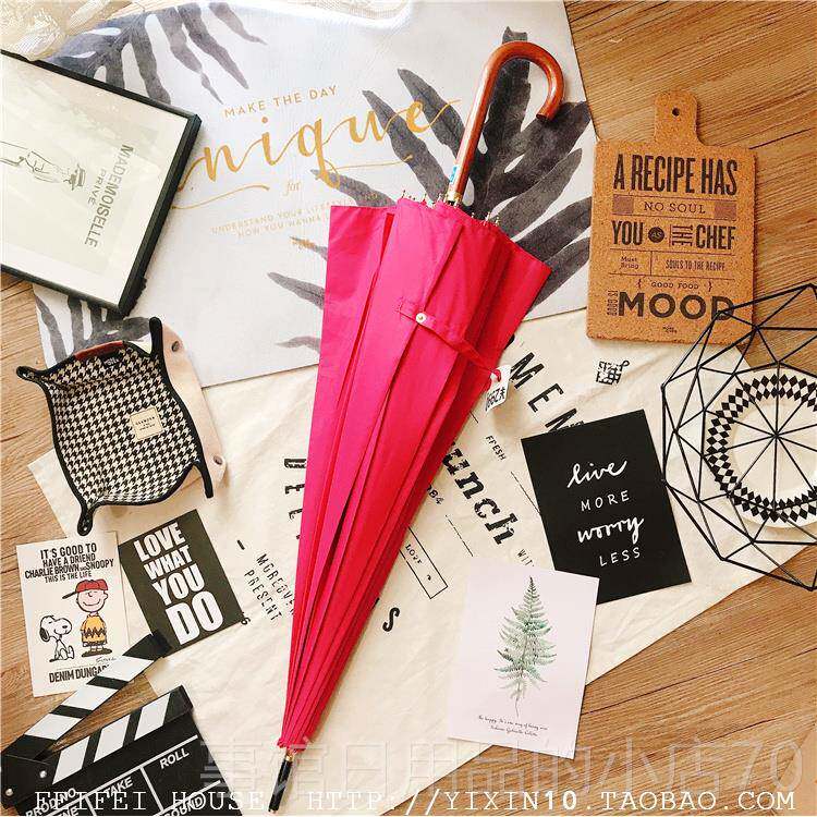 高档包本邮日木柄16骨长伞防风两用晴伞 纯色暴雨雨直柄女伞男长