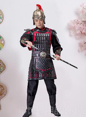 高档古装盔代甲男古将军士将小兵服小服装将士服装舞台兵演出服装