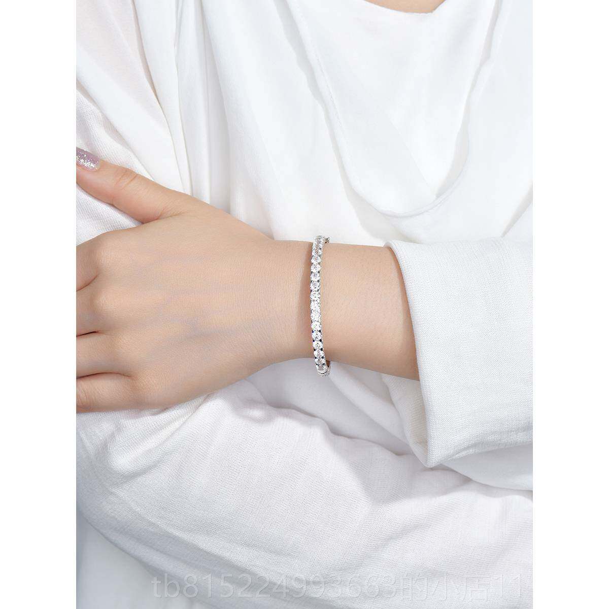 正品卓蝶珠宝 银镀K白金钻石手镯仿1钻群镶满圈纯手镯8情侣纯银手