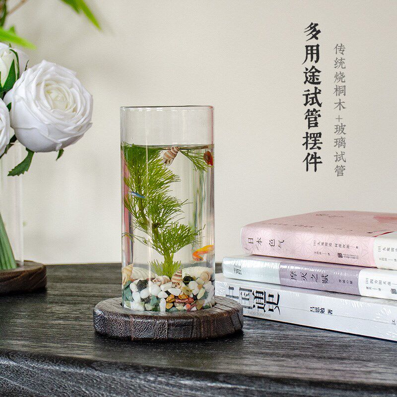 实木花瓶花器桌面微景观生态瓶水培摆件插花木质底座玻璃试管花瓶