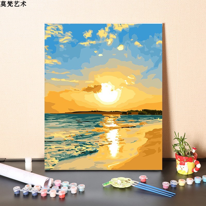 数字油画diy填充手工治愈海上冉冉升起的太阳填色涂色丙烯油彩画
