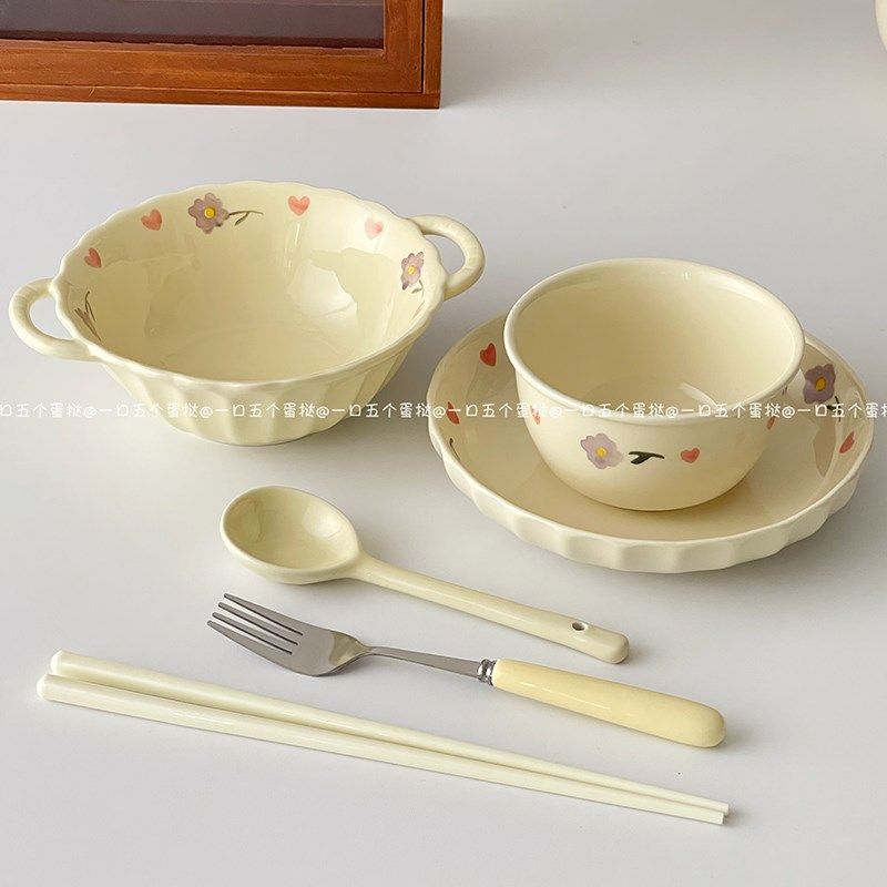 【一人食餐具套装】奶油泡面碗螺蛳粉碗双耳陶瓷汤碗带盖勺筷学生