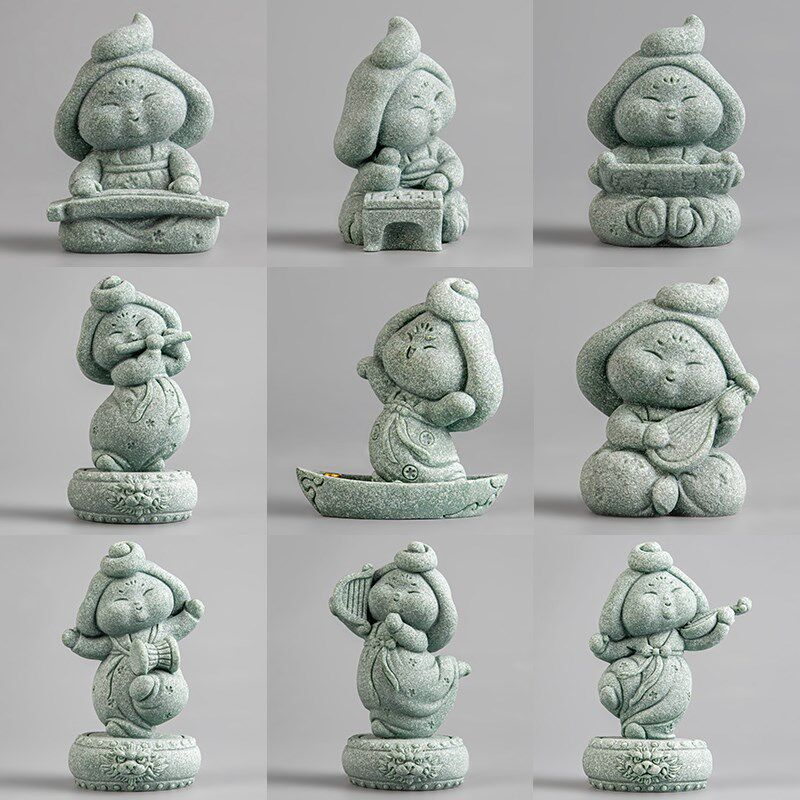 青砂石国潮风中式唐仕女茶几桌面茶玩茶宠园艺鱼缸造景装饰品摆件