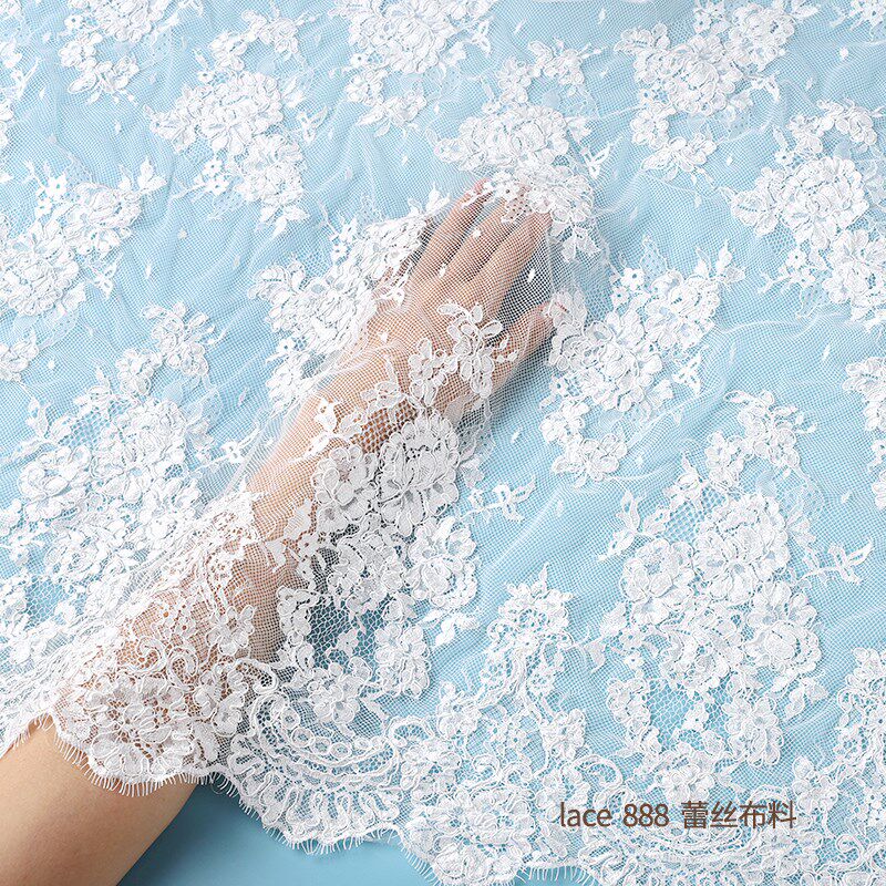 高端法式定制款手工车骨定位花边蕾丝婚纱面料1.4米宽括挺白色