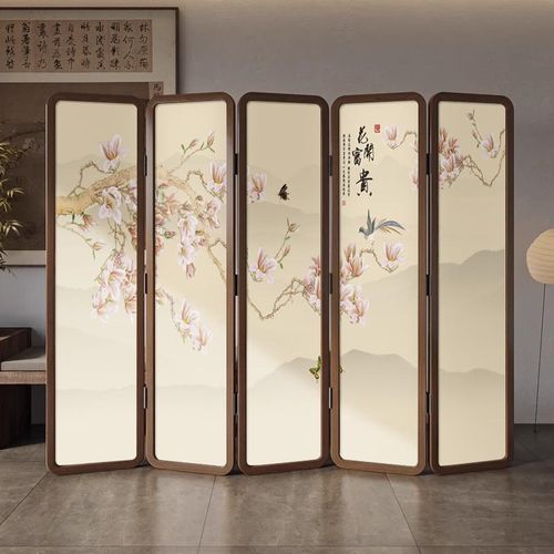 新款中式宋代美学实木折屏屏风家用办公室客厅茶室隔断遮挡乔其纱