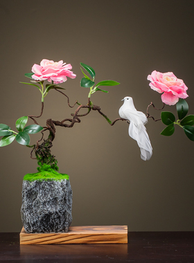 摆件国风田园风山水盆景造景酒柜摆放仿真花鸟创意境客厅房间酒店