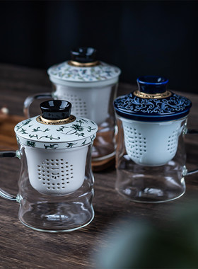 一园茶具国色天香竹韵杯玻璃泡茶杯花茶杯红茶杯创意陶瓷过滤带盖