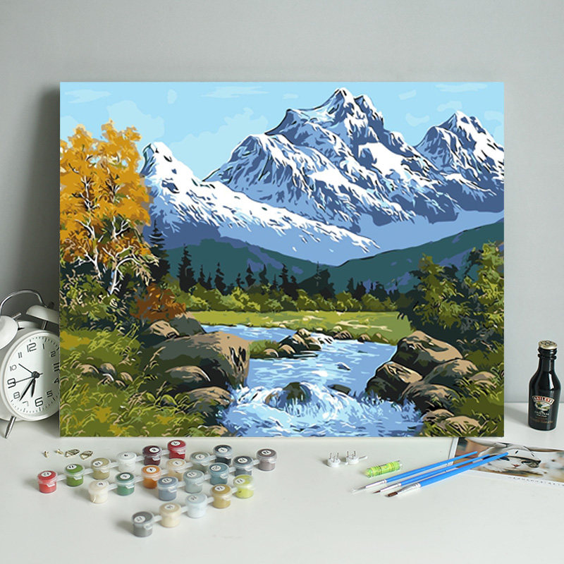 数字油画diy填充雪山冬季风景手绘涂色丙烯画静心手工填色油彩画