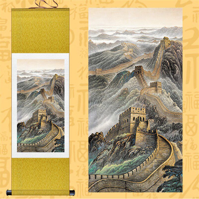 国画万里长城卷轴画山水丝绸画客厅办公室装饰挂画老外礼品画厂家