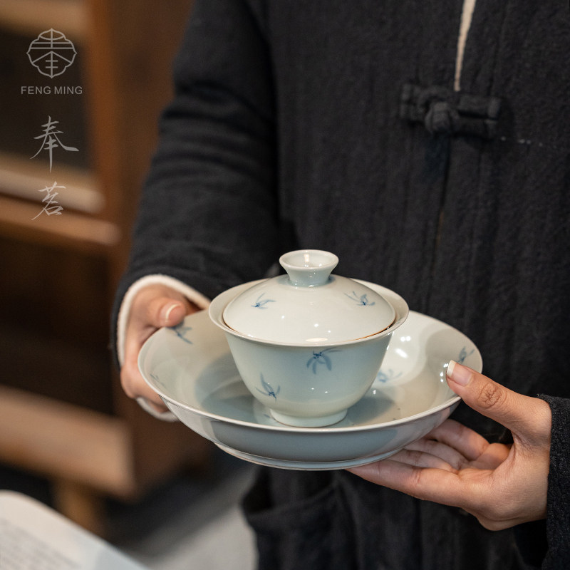 奉茗仿古手绘兰花盖碗壶承组三才盖碗带盖泡茶杯单个茶碗陶瓷茶具