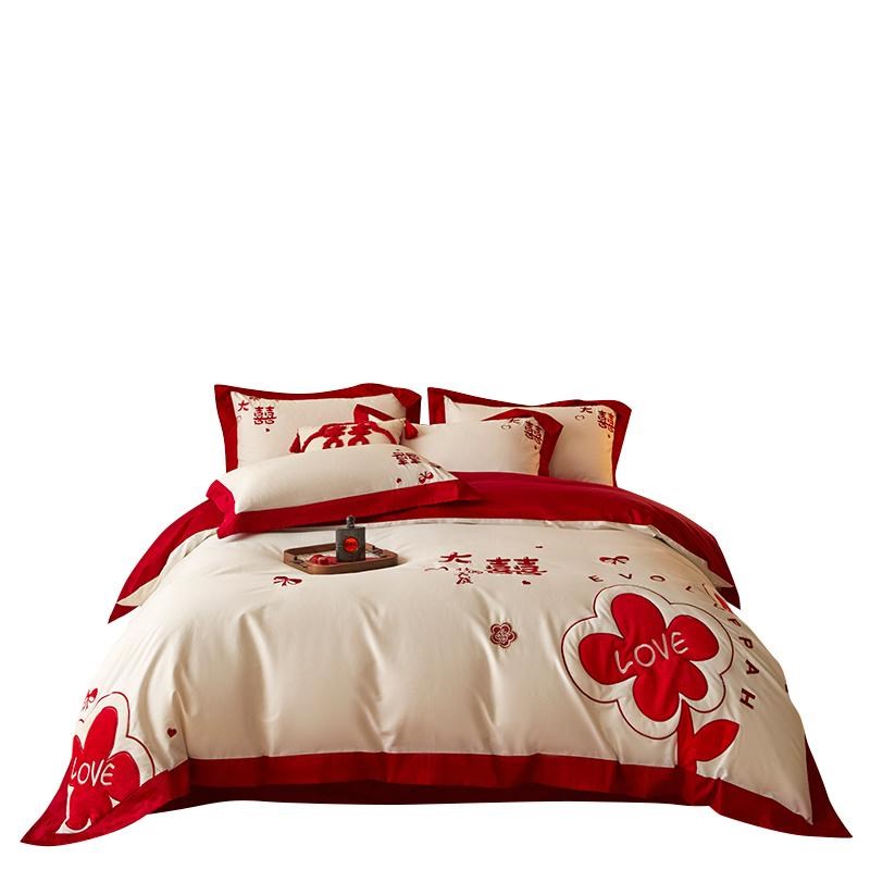 婚庆四件全棉喜庆花朵贴布绣被红色结婚床单新婚嫁娶床上用品