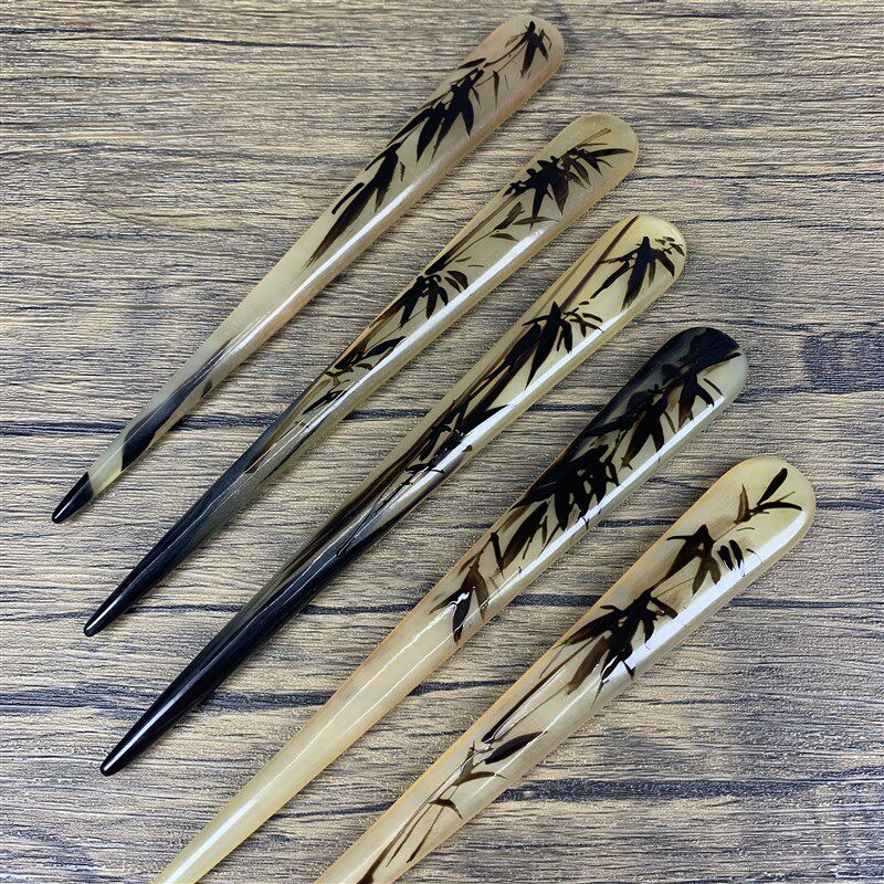 【悦木坊】羊角发簪手工漆艺绘画意境竹子墨荷荷花发簪日常搭配