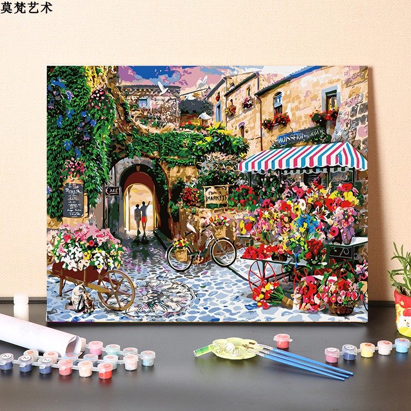 数字油画diy手工填充欧洲花卉市场风景画手绘画画丙烯涂色油彩画