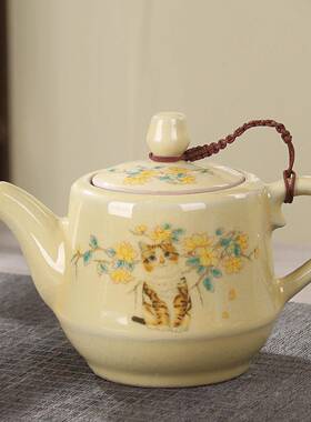 400ml萌猫家用泡茶壶黄色汝窑单壶304过滤网开片可养办公泡茶壶