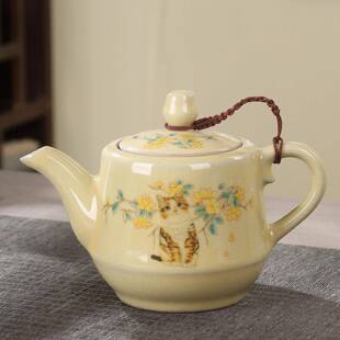 400ml萌猫家用泡茶壶黄色汝窑单壶304过滤网开片可养办公泡茶壶