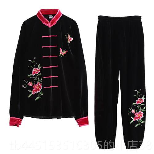 正品宏极太极服女秋冬加厚太极拳练功夫装金丝绒新功品术服服刺武