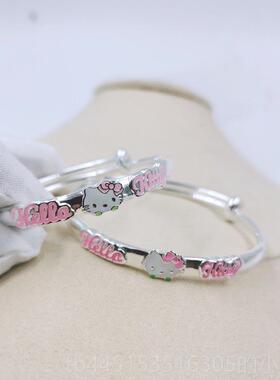 正品99婴儿学纯炼银手9女生小猫粉红色公主银手炼固体婴儿满月礼