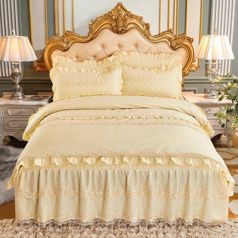 正品欧式全棉夹棉蕾丝床纯裙件款四件套用床上品棉加厚床罩4套被