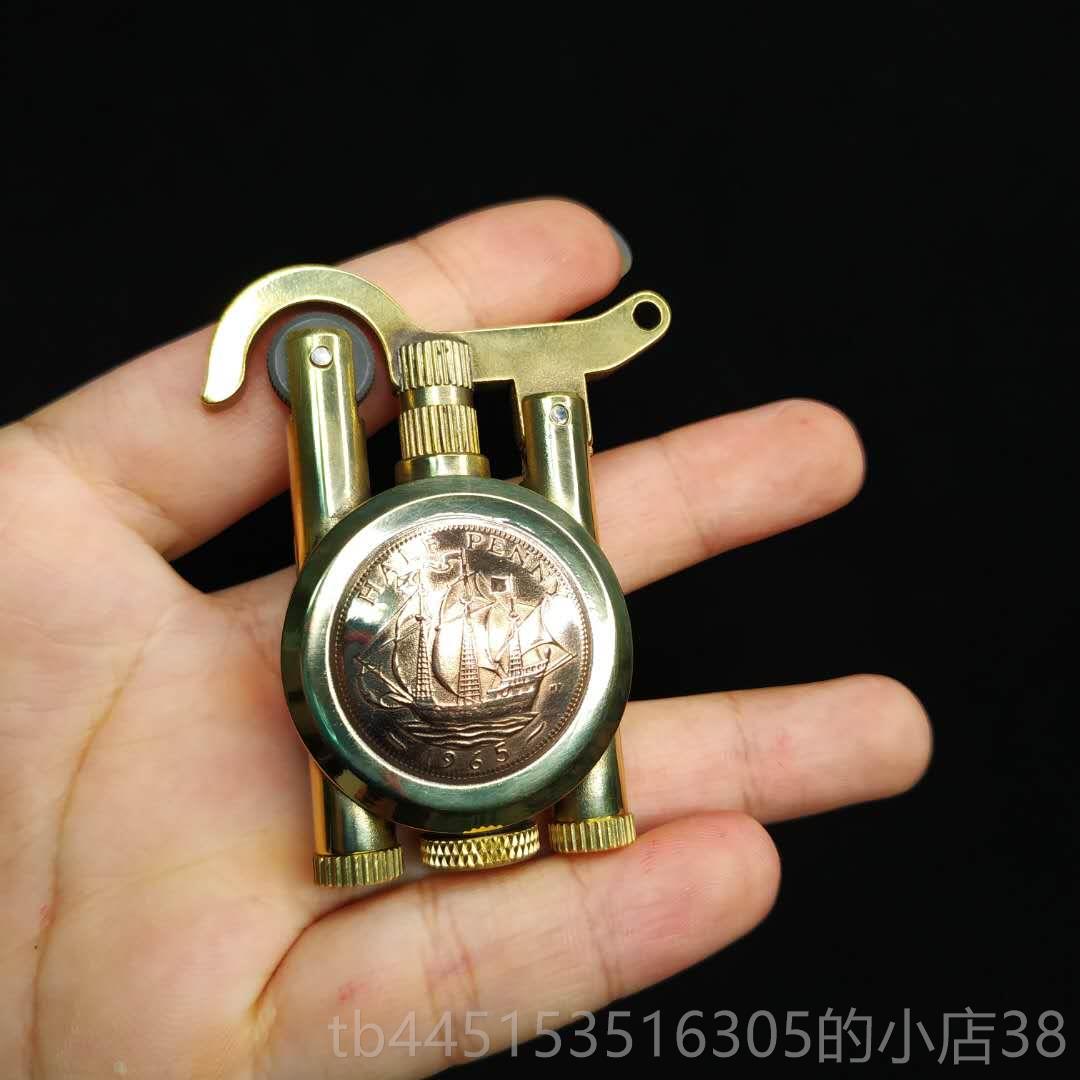 正品油老伙计手工打打火机铜火煤打火机战壕机硬币打机火机抬臂打