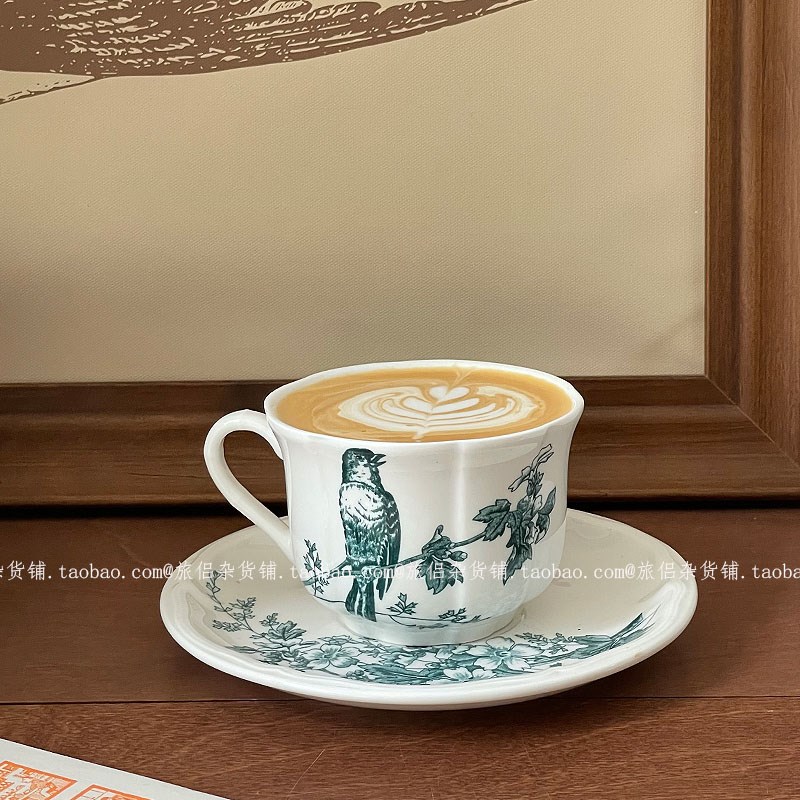复古绿双雀陶瓷咖啡杯碟拿铁拉花杯下午茶杯碟中古杯子早餐杯