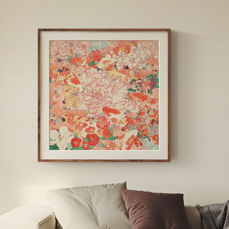 张文学x九如图九鱼图锦鲤方形客厅装饰画玄关法式现代奶油风挂画
