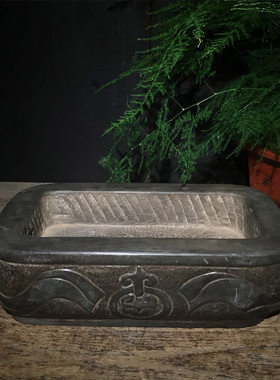 古董老石雕旧石器仿古山西青石案头兽头石盆石槽中式古典海棠鱼盆