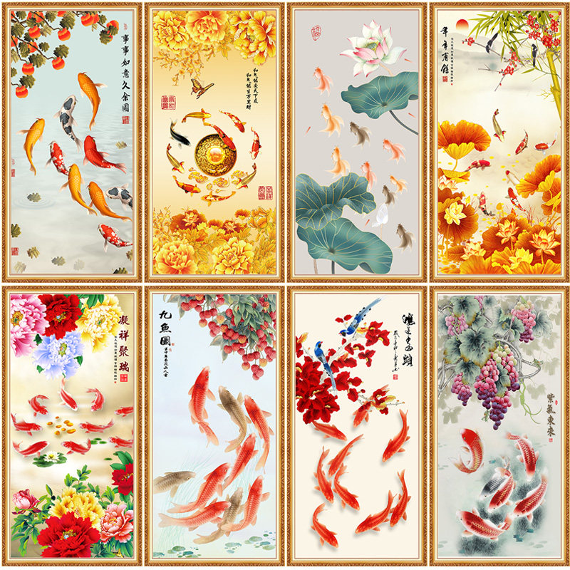 中式玄关富贵连年有余装饰画走廊过道背景墙九鱼图挂画自粘贴画芯