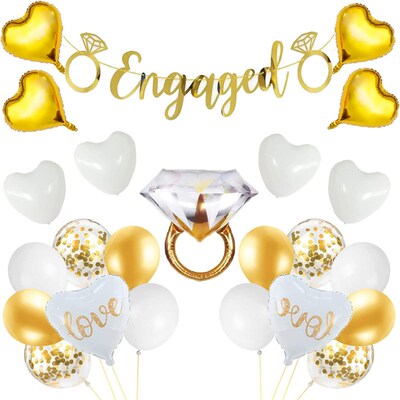 金色Engaged订婚拉旗钻石戒指爱心气球装饰婚礼派对浪漫场景布置