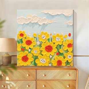 奶油风客厅桌面摆台向阳晴空纯手绘立体油画高级感砂岩装饰画摆件