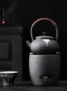 矾黑粗陶煮茶壶酒精炉复古黑色茶壶提梁壶茶炉陶瓷煮茶器侘寂风