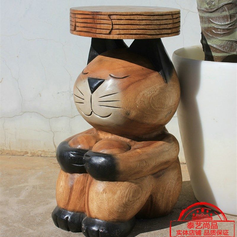 泰国木雕猫凳手工实木创意可爱猫摆件家用餐凳客厅电视柜时尚花几