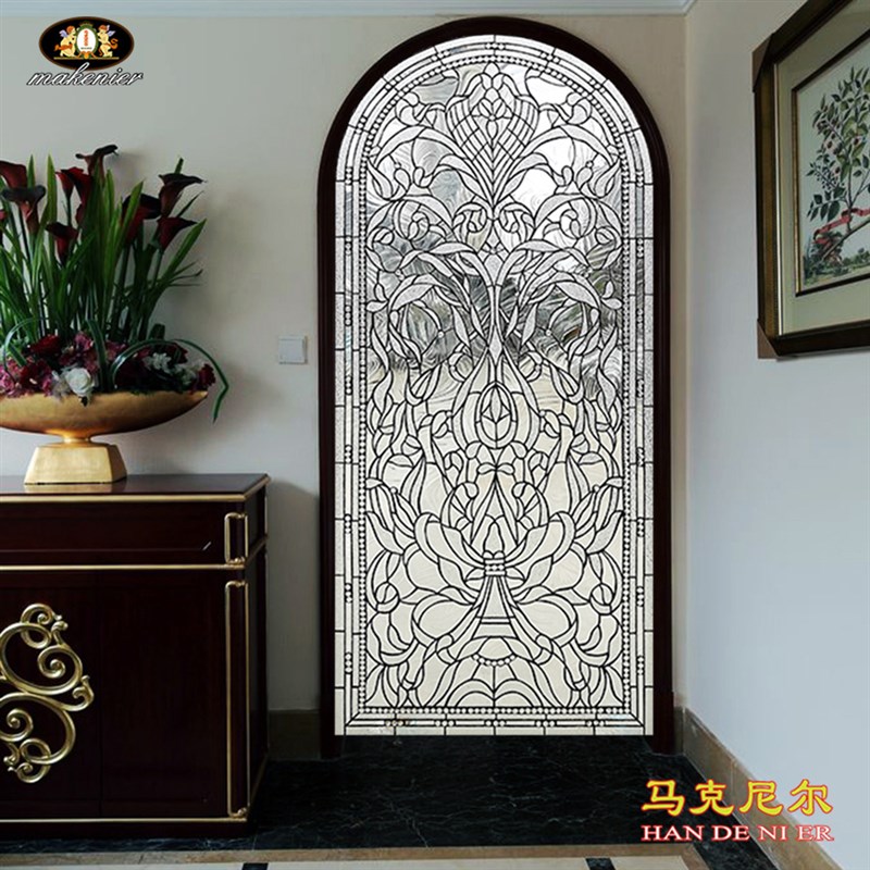 定制拱形玄关隔墙屏风落地窗欧式复古透光镶嵌装饰教堂艺术玻璃