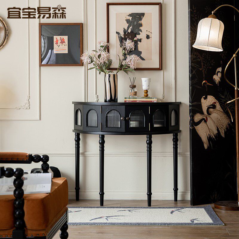 宜宝易森法式复古实木玄关柜入户正对门半圆装饰柜中古客厅隔断柜