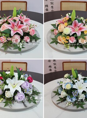 餐厅酒店桌花摆件百合玫瑰圆桌餐桌花摆花饭店桌面转盘中间装饰花