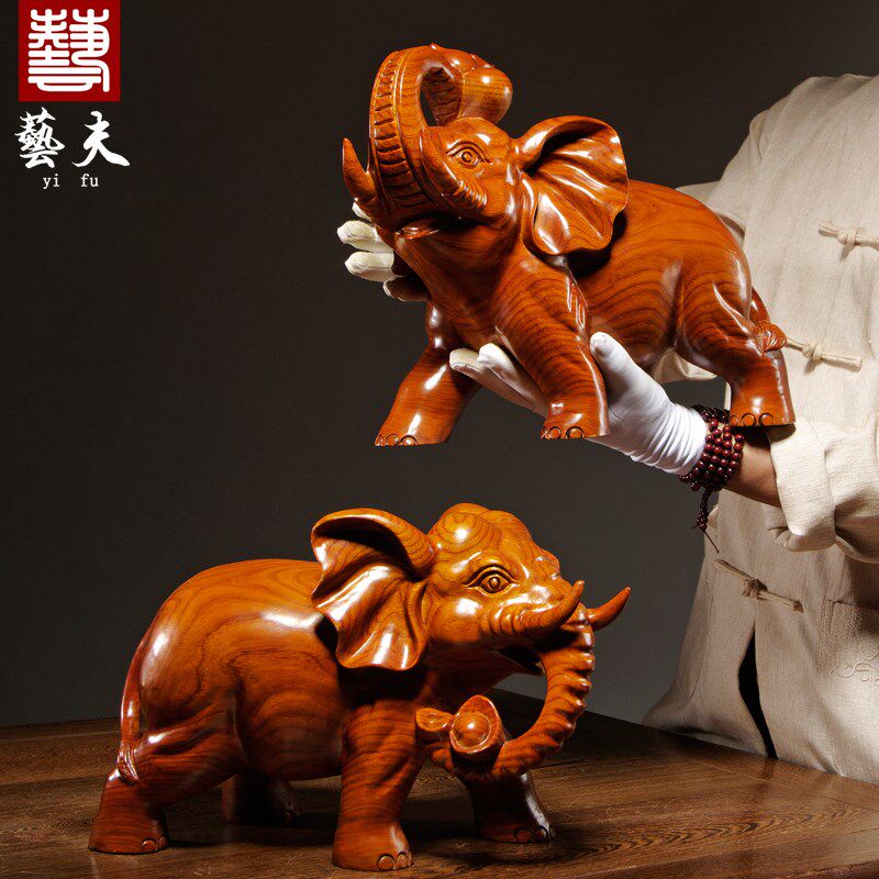 花梨木雕刻大象摆件是实木质一对象家居客厅玄关装饰红木工艺礼品