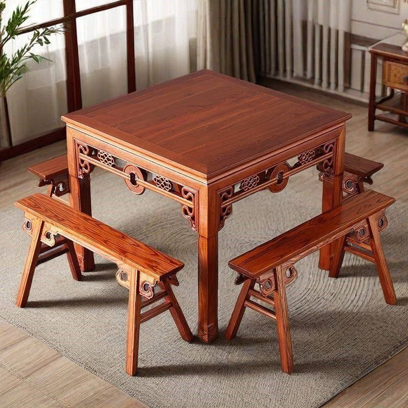 中式八仙桌榆木餐桌椅组合仿古小方桌明清古典酒楼饭店全实木桌椅