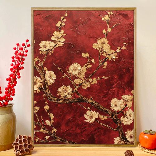 红墙腊梅数字油画diy填充填色高级感丙烯画装饰画油彩画