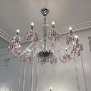 法式客厅灯餐厅吊灯楼梯设计师挑空复式别墅中古风卧室粉色水晶灯