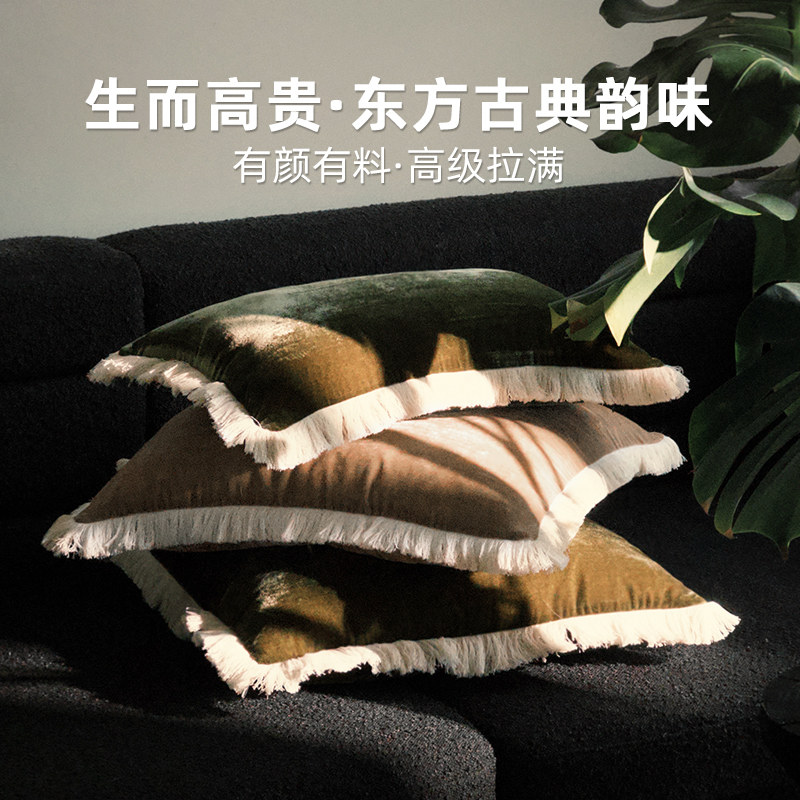 澜品浅渡排须花边中古丝绒抱枕靠枕中式客厅靠垫沙发腰枕靠背