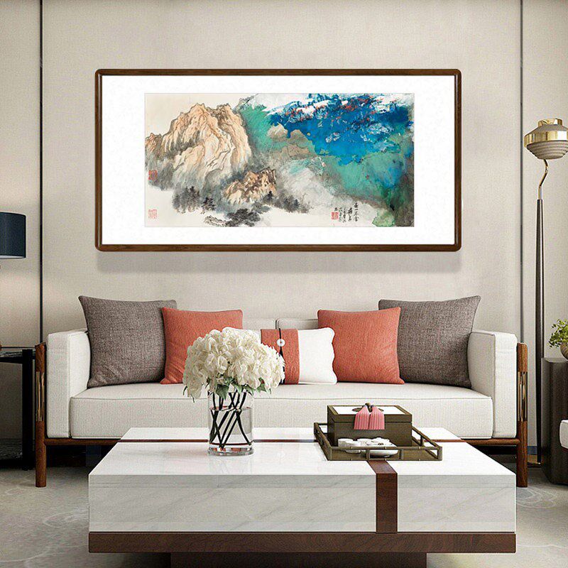 张大千春山暮雪国画山水画客厅装饰画办公室横幅牌匾挂画书房壁画
